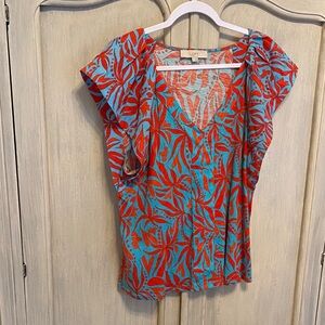 LOFT Turquoise and Red Floral V-Neck Flutter Sleeve Blouse
